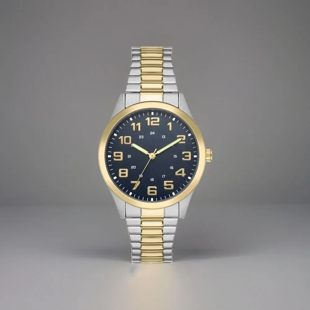 George Mens Watch 2 Tone Silver/Gold Case Blue Easy Read Dial Expansion Band NEW